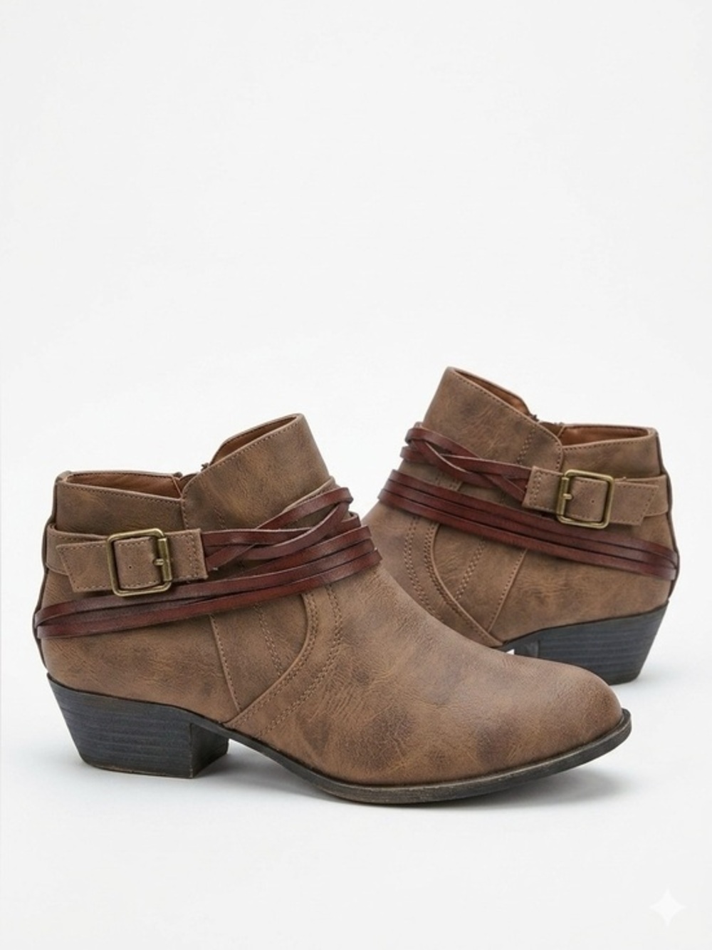 Madden Girl Brown Barty Ankle Booties Almond Toe Side Zip Wraparound Straps Sz 9